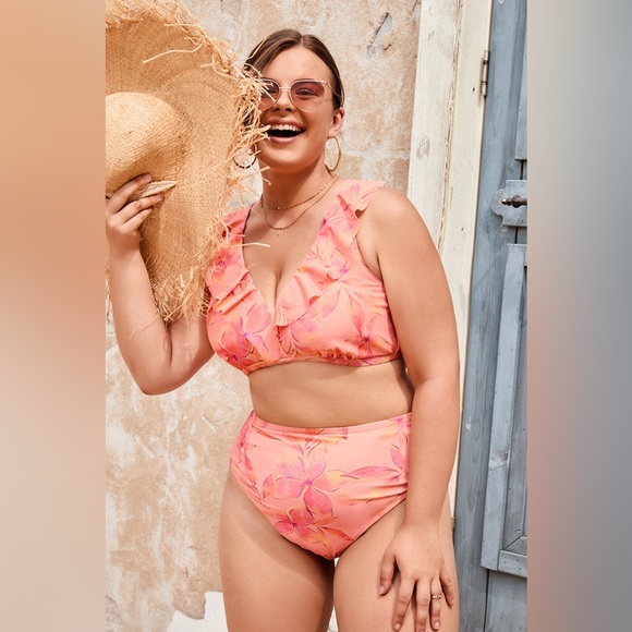 NWT Pink Ruffled High Waist Bathing Suit Cupshe 0X - Picture 1 of 7